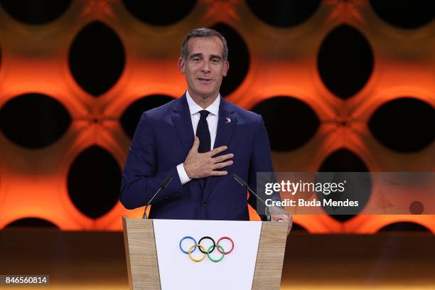 Los Angeles Mayor Eric Garcetti talks during the 131th IOC Session - 2024 & 2028 Olympics Hosts Announcement at Lima Convention Centre on September...