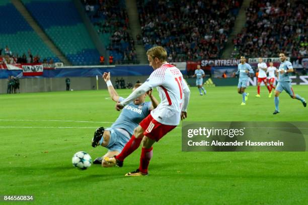 Emil Forsberg of Leipzig scores the opening goal during the UEFA Champions League group G match between RB Leipzig and AS Monaco at Red Bull Arena on...