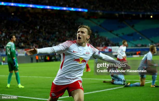 Emil Forsberg of Leipzig celebrates after he scores the opening goal during the UEFA Champions League group G match between RB Leipzig and AS Monaco...