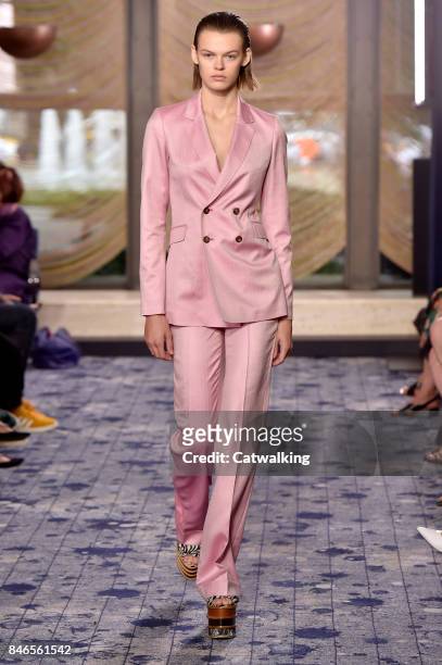 Model walks the runway at the Gabriela Hearst Spring Summer 2018 fashion show during New York Fashion Week on September 12, 2017 in New York, United...