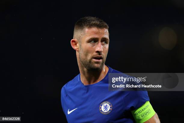 Gary Cahill of Chelsea in action during the UEFA Champions League group C match between Chelsea FC and Qarabag FK at Stamford Bridge on September 12,...