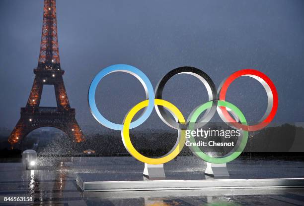 The unveiling of the Olympic rings on the esplanade of Trocadero in front of the Eiffel tower after the official announcement of the attribution of...