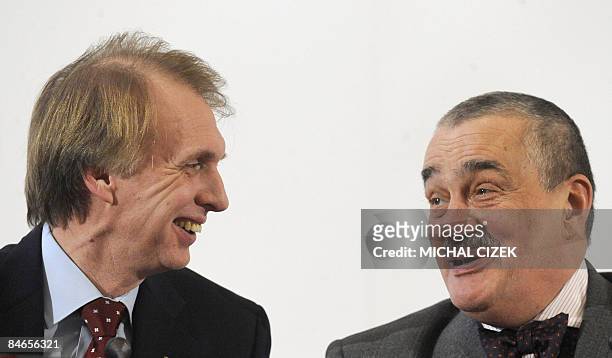 Ukrainian Foreign Minister Volodymyr Ohryzko talks with Czech Republic's Foreign Minister Karel Schwarzenberg during a joint press conference after...