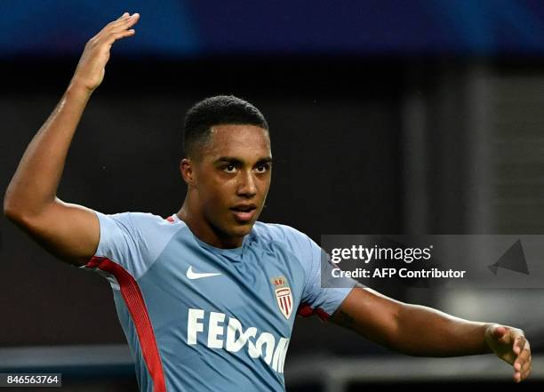 Monaco's Belgian midfielder Youri Tielemans celebrates scoring the 1-1 goal during the UEFA Champions League group G football match RB Leipzig v AS...