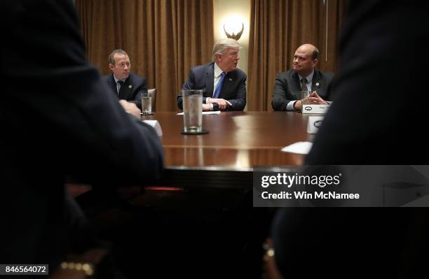 President Donald Trump meets with Democratic and Republican members of Congress, including Rep. Josh Gottheimer and Rep. Tom Reed , in the Cabinet...