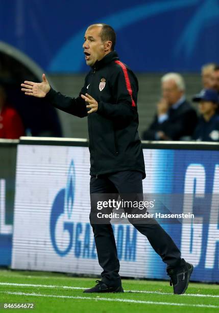 Leonardo Jardim, head coach of Monaco gestures during the UEFA Champions League group G match between RB Leipzig and AS Monaco at Red Bull Arena on...