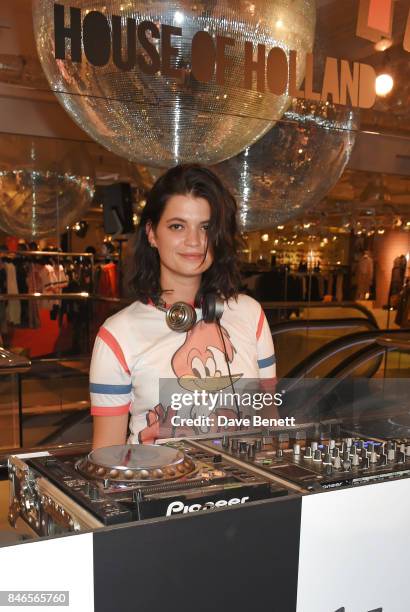 Pixie Geldof DJs at the launch of the House of Holland x Woody Woodpecker London Fashion Week pop up at Fenwick Of Bond Street on September 13, 2017...