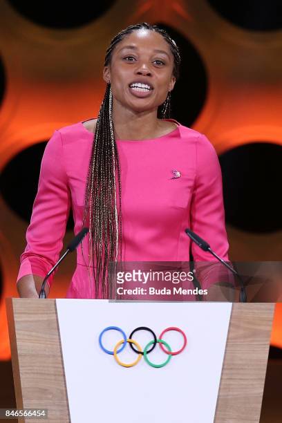 American Athelte Allyson Felix talks during the 131th IOC Session - 2024 & 2028 Olympics Hosts Announcement at Lima Convention Centre on September...
