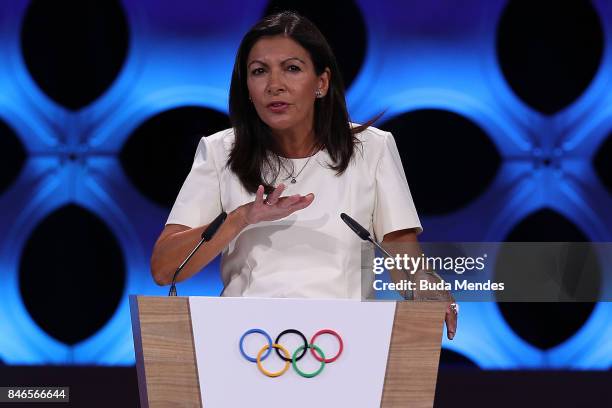 Paris Mayor Anne Hidalgo talks during the 131th IOC Session - 2024 & 2028 Olympics Hosts Announcement at Lima Convention Centre on September 13, 2017...