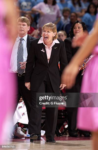 Head coach Sylvia Hatchell of the North Carolina Tar Heels yells towards an official during the game against the Maryland Terrapins at the Comcast...
