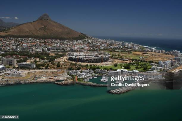 An aerial view of Green Point Stadium under construction on January 29, 2009 in Cape Town, South Africa. The stadium will host the semi finals of the...