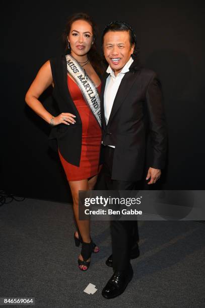 Miss Maryland USA, Adrianna David and Designer Zang Toi backstage the Zang Toi fashion show during New York Fashion Week: The Shows at Gallery 3,...