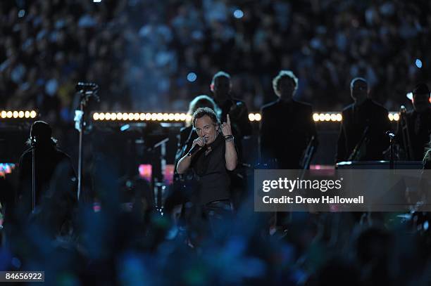 February 1: Musician Bruce Springsteen and the E Street Band perform at the Bridgestone halftime show during Super Bowl XLIII between the Arizona...