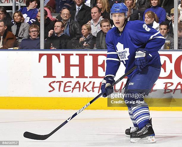 Luke Schenn of the Toronto Maple Leafs skates during the game against the Florida Panthers on February 3, 2009 at the Air Canada Centre in Toronto,...