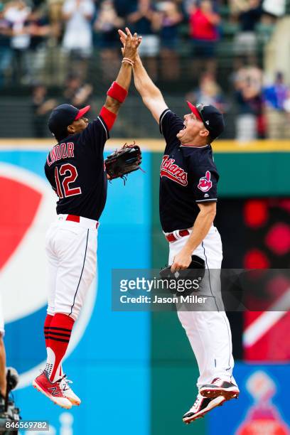 Francisco Lindor celebrates with Jay Bruce of the Cleveland Indians after the Indians defeated the Detroit Tigers at Progressive Field on September...