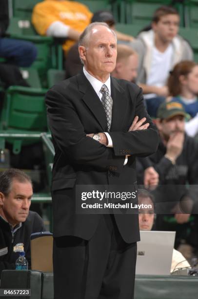 Jim Larranaga, head coach of the George Mason Patriots, looks on during a college basketball game against the Delaware Blue Hens on January 27, 2009...