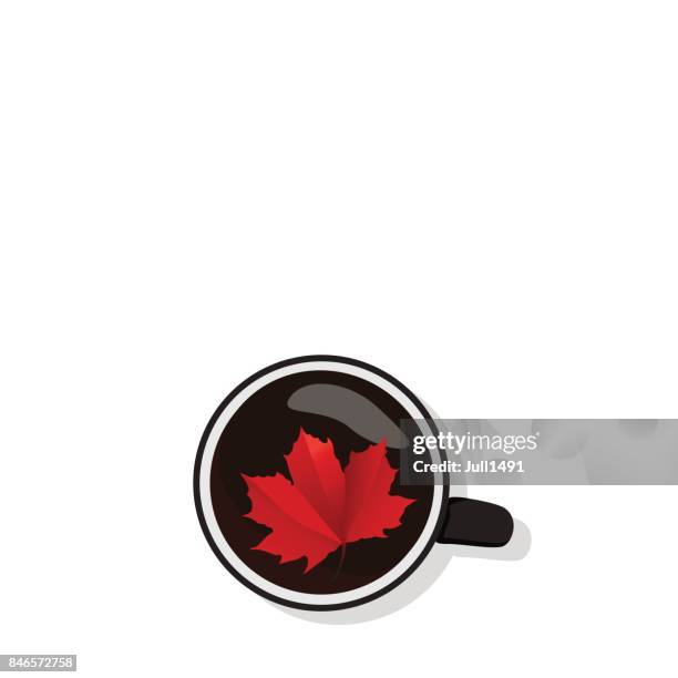 eine tasse heißen kaffee mit einem fallenden rotes ahornblatt auf weißem hintergrund. modernes flaches design. die aussicht vom gipfel - canadian maple trees from below stock-grafiken, -clipart, -cartoons und -symbole