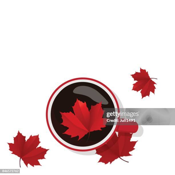 herbst-cup kaffee mit leuchtend rot-ahorn blätter. weißen hintergrund. beispiel für einen kalten herbst erwärmung. moderne wohnung design - canadian maple trees from below stock-grafiken, -clipart, -cartoons und -symbole