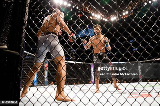 Kajan Johnson, left, fights Adriano Martins during UFC 215 at Rogers Place on September 9, 2017 in Edmonton, Canada.