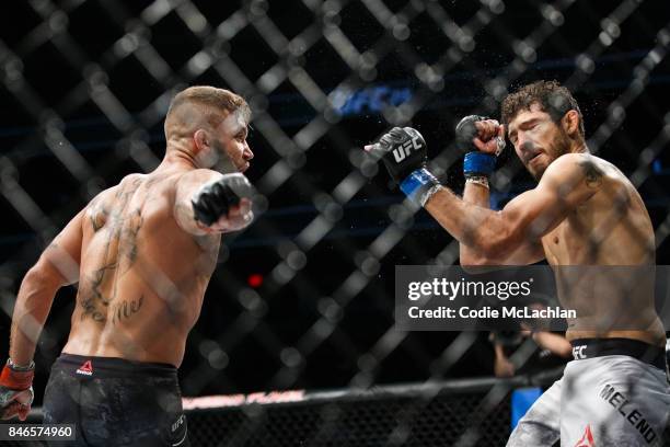 Jeremy Stephens, left, fights Gilbert Melendez during UFC 215 at Rogers Place on September 9, 2017 in Edmonton, Canada.