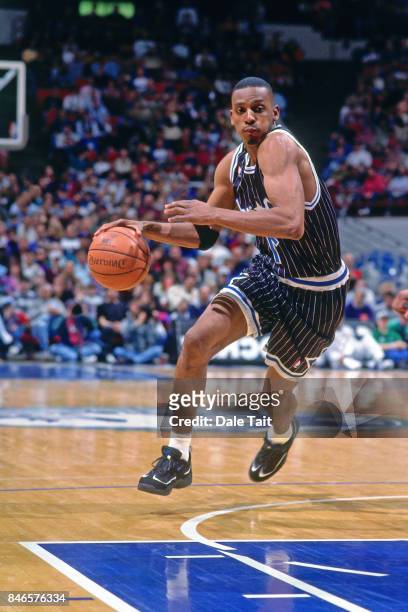 Anfernee "Penny" Hardaway of the Orlando Magic drives against the Minnesota Timberwolves circa 1995 at the Target Center in Minneapolis, Minnesota....