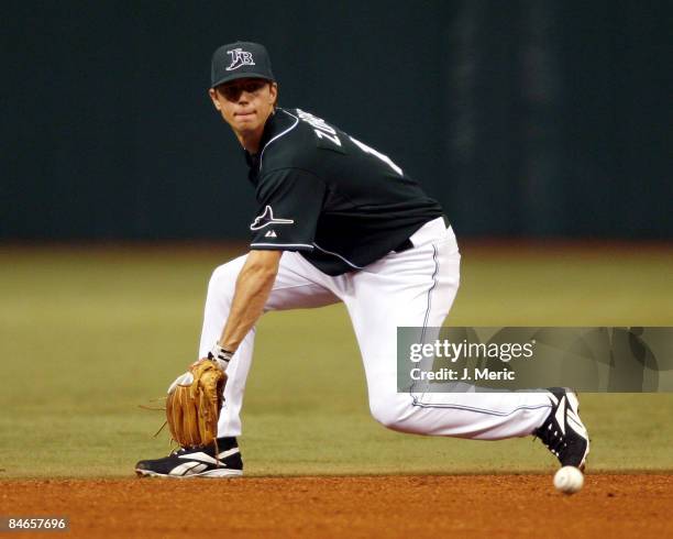 Tampa Bay rookie Ben Zobrist eyes this ground ball during Wednesday night's action against Toronto at Tropicana Field in St. Petersburg, Florida on...