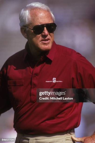 Bill Walsh, head coach of the Stanford Cardinals, before a college football game against the Notre Dame Fighting Irish on October 1, 1992 at Notre...