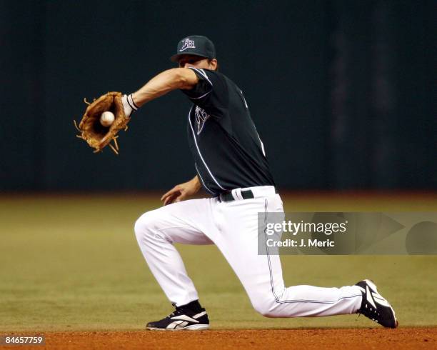 Tampa Bay rookie shortstop Ben Zobrist makes a play on this ball during Wednesday night's action against Toronto at Tropicana Field in St....