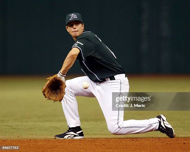 Tampa Bay rookie shortstop Ben Zobrist prepares for this play on Wednesday evening against Toronto at Tropicana Field in St. Petersburg, Florida on...