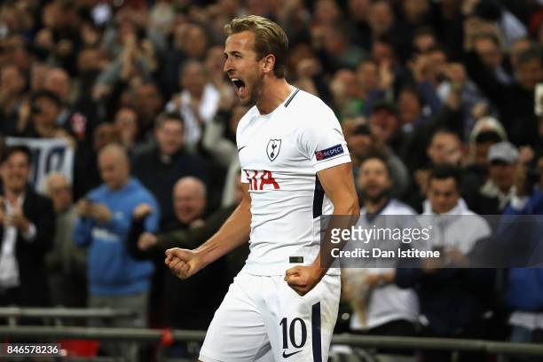 Harry Kane of Tottenham Hotspur celebrates scoring his sides third goal during the UEFA Champions League group H match between Tottenham Hotspur and...