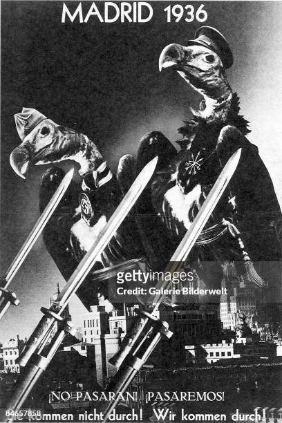 Two giant vultures wearing the Nazi swastika and the Falangist yoke and arrows tower over Madrid, but are held back by bayonets, November 1936....