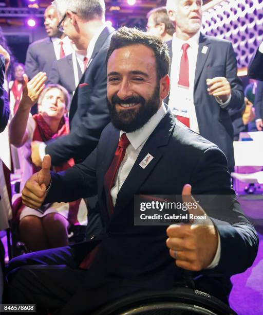 French Paralympic athlete Michael Jeremiasz shows his joy after the 131th IOC Session - 2024 & 2028 Olympics Hosts Announcement at Lima Convention...