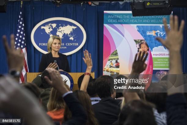 Department of State Spokesperson Heather Nauert speaks to members of the foreign press during a briefing at the Foreign Press Center in Washington,...