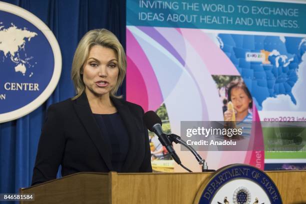 Department of State Spokesperson Heather Nauert speaks to members of the foreign press during a briefing at the Foreign Press Center in Washington,...