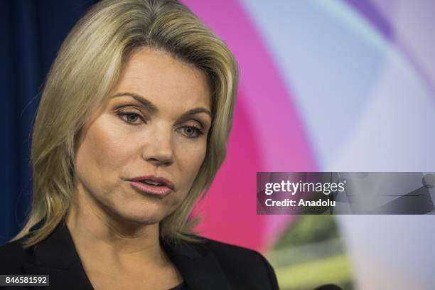 Department of State Spokesperson Heather Nauert speaks to members of the foreign press during a briefing at the Foreign Press Center in Washington,...