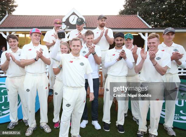 Team Joe celebrates winning the Brut T20 Cricket match betweenTeam Jimmy and Team Joe at Worksop College on September 13, 2017 in Worksop, England.