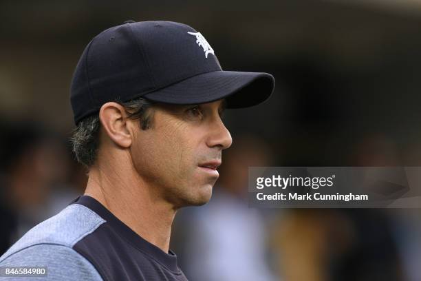 Manager Brad Ausmus of the Detroit Tigers looks on from the dugout during the game against the Minnesota Twins at Comerica Park on August 11, 2017 in...