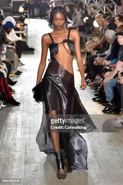 Model walks the runway at the Helmut Lang Spring Summer 2018 fashion show during New York Fashion Week on September 11, 2017 in New York, United...