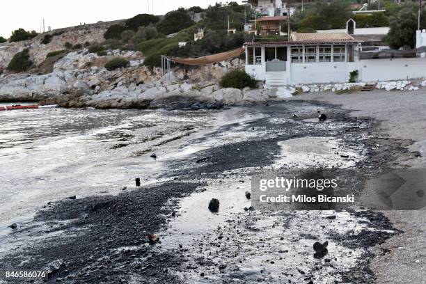 Oil pollutes a beach on the coast of Salamis Island on September 13, 2017 in Salamis, Greece. The small tanker 'Agia Zoni II' sank on September 10,...