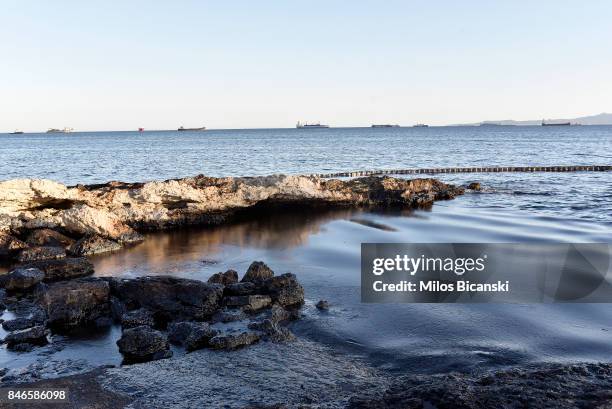 Oil pollutes the water on the coast of Salamis Island on September 13, 2017 in Salamis, Greece. The small tanker 'Agia Zoni II' sank on September 10,...