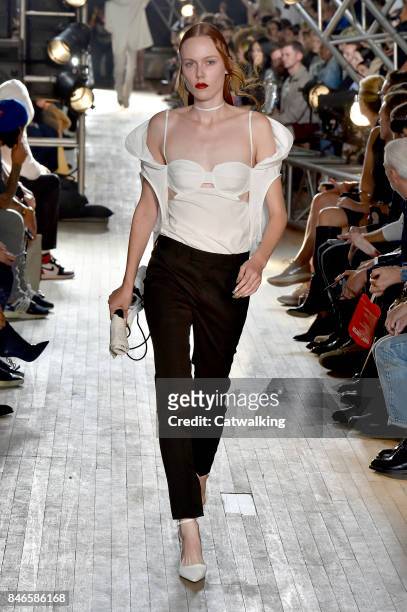 Model walks the runway at the Helmut Lang Spring Summer 2018 fashion show during New York Fashion Week on September 11, 2017 in New York, United...