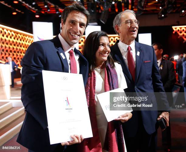 Paris 2024 Bid Co-Chair and 3-time Olympic Champion Tony Estanguet; Paris Mayor Anne Hidalgo and Comité National Olympique et Sportif Français...