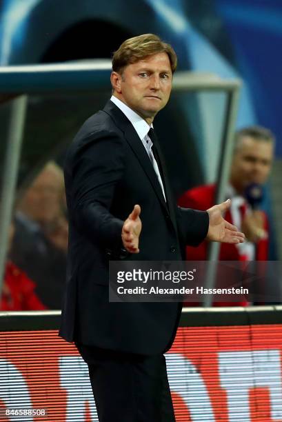 Ralph Hasenhüttl, head coach of Leipzig reacts during the UEFA Champions League group G match between RB Leipzig and AS Monaco at Red Bull Arena on...