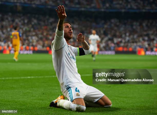Sergio Ramos of Real Madrid celebrates scoring his team's third goal during the UEFA Champions League group H match between Real Madrid and APOEL...