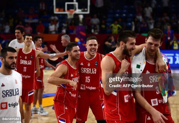 Serbia`s players led by Vladimir Stimac celebrate after winning the FIBA Eurobasket 2017 men's quarter-final basketball match between Italy and...