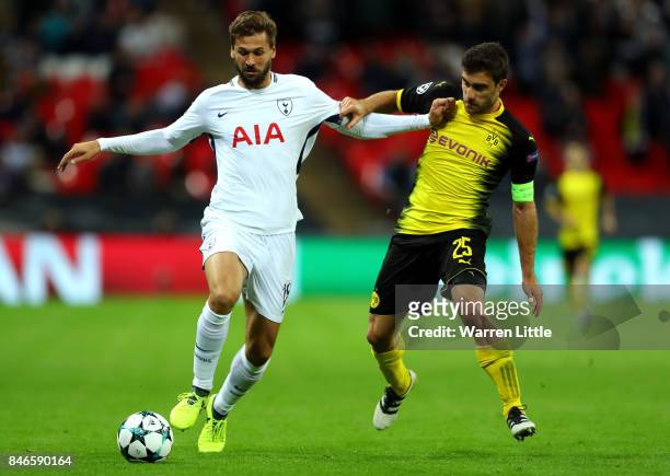 Fernando Llorente of Tottenham Hotspur and Sokratis Papastathopoulos of Borussia Dortmund battle for possession during the UEFA Champions League...