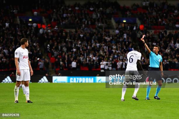 Jan Vertonghen of Tottenham Hotspur reacts after being sent off by Referee Gianluca Rocchi during the UEFA Champions League group H match between...