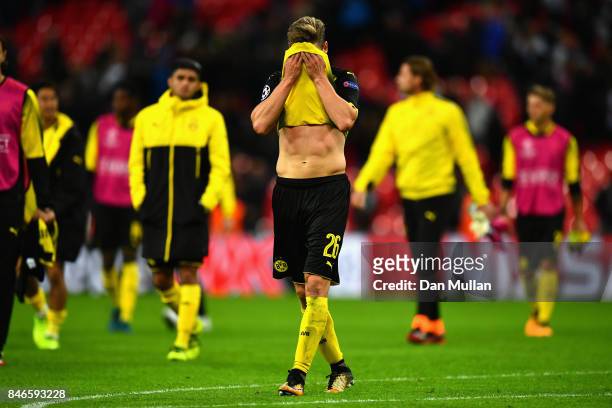 Lukasz Piszczek of Borussia Dortmund is dejected after the UEFA Champions League group H match between Tottenham Hotspur and Borussia Dortmund at...