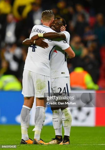 Toby Alderweireld of Tottenham Hotspur and Christian Eriksen of Tottenham Hotspur celebrates victory together after the UEFA Champions League group H...