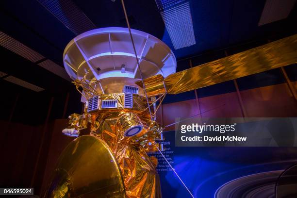 Half-scale model of NASA's Cassini spacecraft is seen during a news conference at Jet Propulsion Laboratory as Cassini nears the end of its 20-year...
